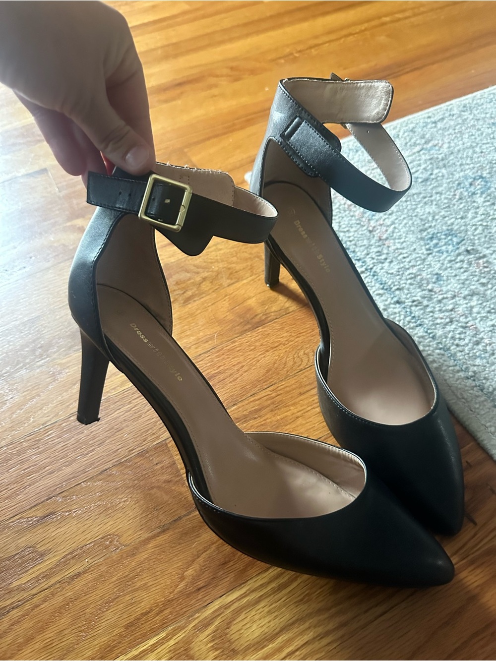 Women's Black Pointed-Toe Ankle-Strap Heels